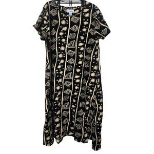 Coral Bay black and tan tribal pattern cotton S/S midi dress Size XL NWOT